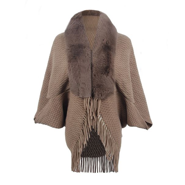 Wool-neck knitted tassel cape coat women with a fashion cape_viptrois.com
