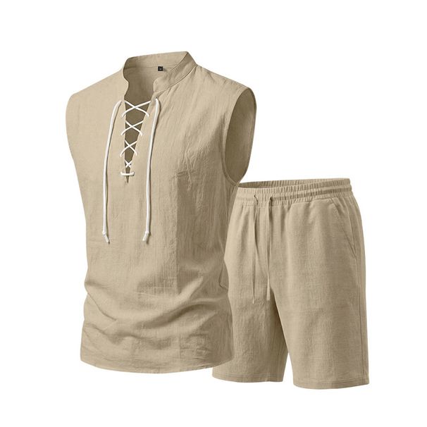 Men's Linen Short Sleeve Shirt And Shorts Set, Breathable Summer Outfit, Medieval Style Drawstring Waist, Loose Fit Vacation Loungewear_viptrois.com