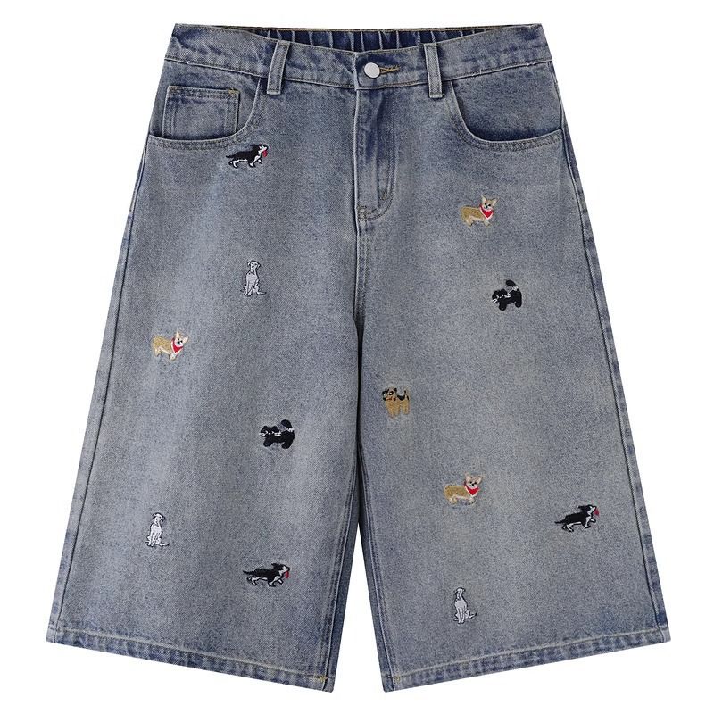 Men's American Retro Puppy Embroidered Denim Shorts New Summer Style Loose Oversized Relaxed Five Point Shorts_viptrois.com