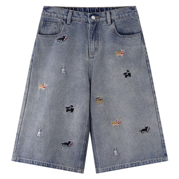 Men's American Retro Puppy Embroidered Denim Shorts New Summer Style Loose Oversized Relaxed Five Point Shorts_viptrois.com