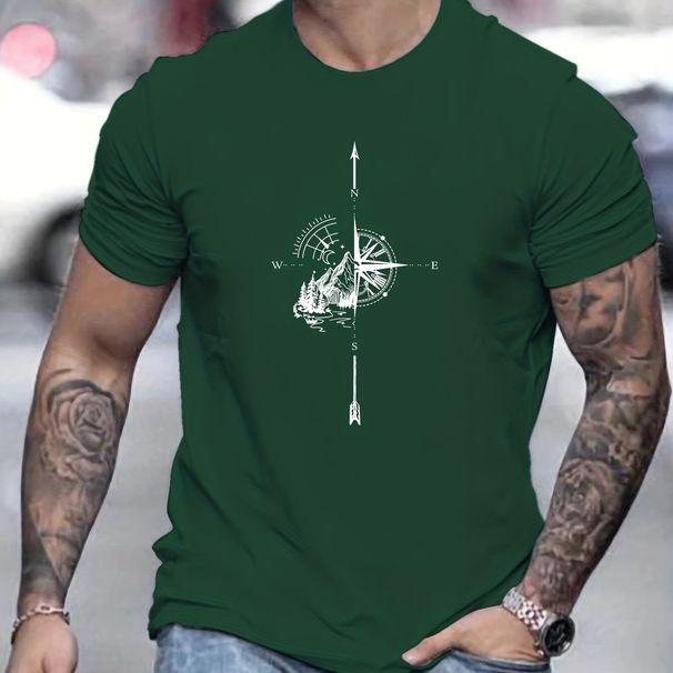 Men's Summer Casual Loose Size 100% Cotton Mountain Compass Pattern Print Round Neck Short Sleeve T-shirt Top_viptrois.com