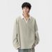 Men's V-Neck Color Block Fleece Hoodie, Long Sleeve Polo Pullover Sweatshirt, Streetwear Casual Top (Black, Beige, Purple, Grey Green)_viptrois.com