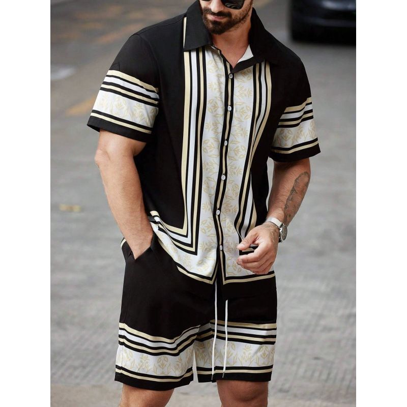Men's Casual Striped Digital Print Suit Short Sleeve Shirt And Beach Shorts Set Style_viptrois.com