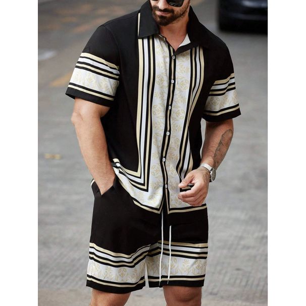 Men's Casual Striped Digital Print Suit Short Sleeve Shirt And Beach Shorts Set Style_viptrois.com