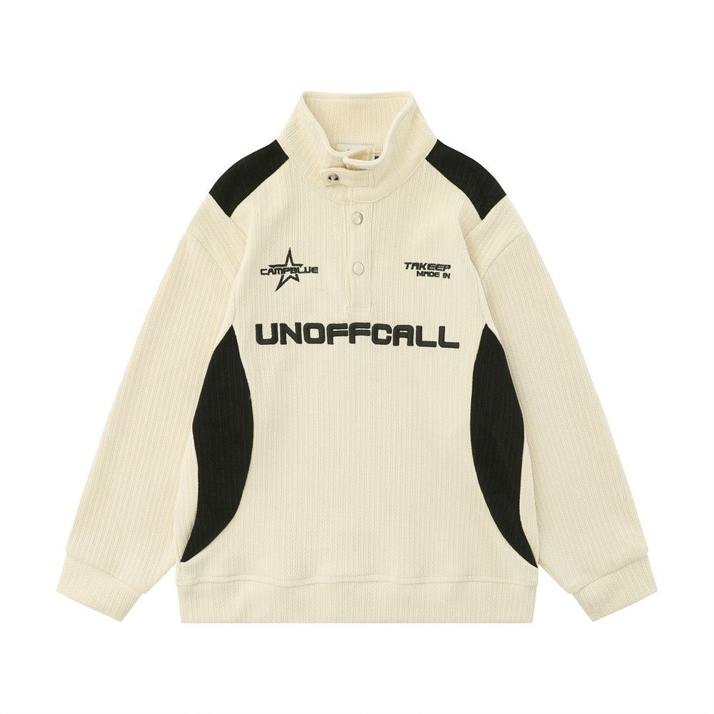 Patchwork Color Block Stand Collar Sweatshirt American Style Trendy Brand Autumn Winter Men's Button Half-Zip Pullover_viptrois.com