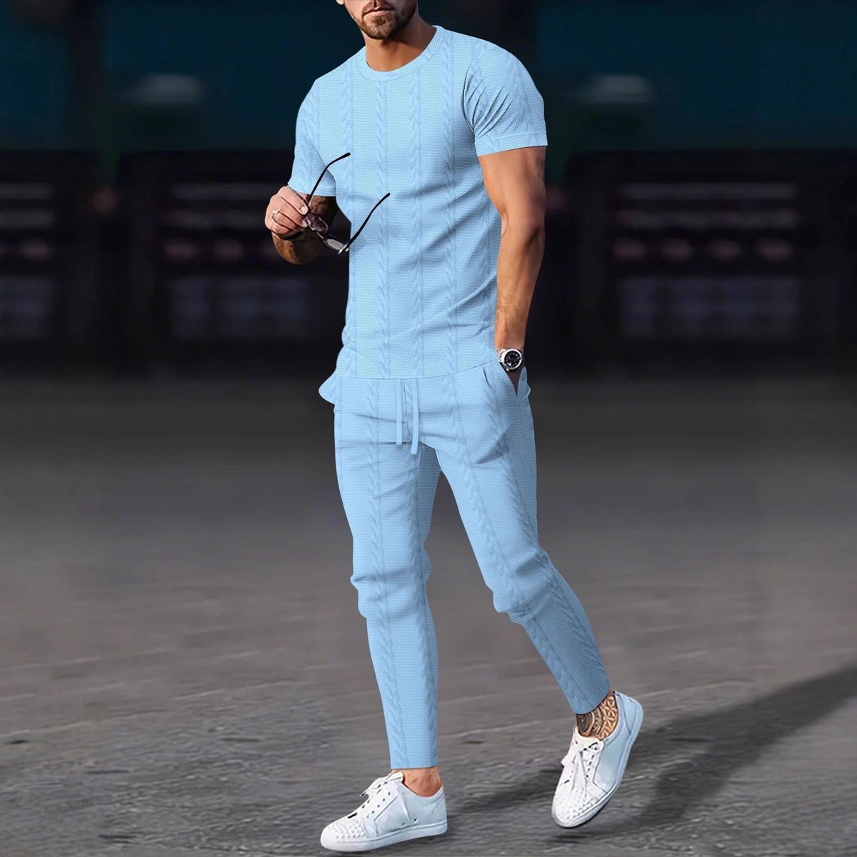Men's Autumn Knit Jacquard Short Sleeve Round Neck T-Shirt & Pants Casual Set - Solid Color Cable Design_viptrois.com