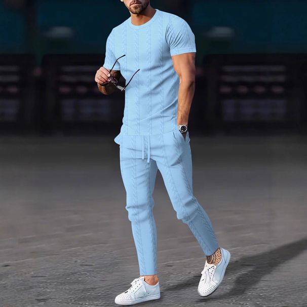 Men's Autumn Knit Jacquard Short Sleeve Round Neck T-Shirt & Pants Casual Set - Solid Color Cable Design_viptrois.com