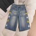 Men's High Waist Relaxed Fit Denim Shorts With Vintage Faded Starfish Print, Casual Wide Leg Cropped Beach Trousers_viptrois.com