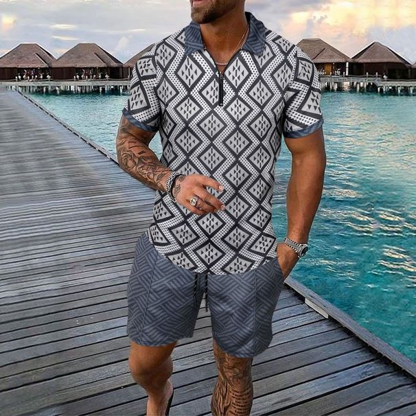 Men's Clothing Summer New Digital Printing Zipper Short Sleeved Shorts Outdoor Men's Casual Suit_viptrois.com