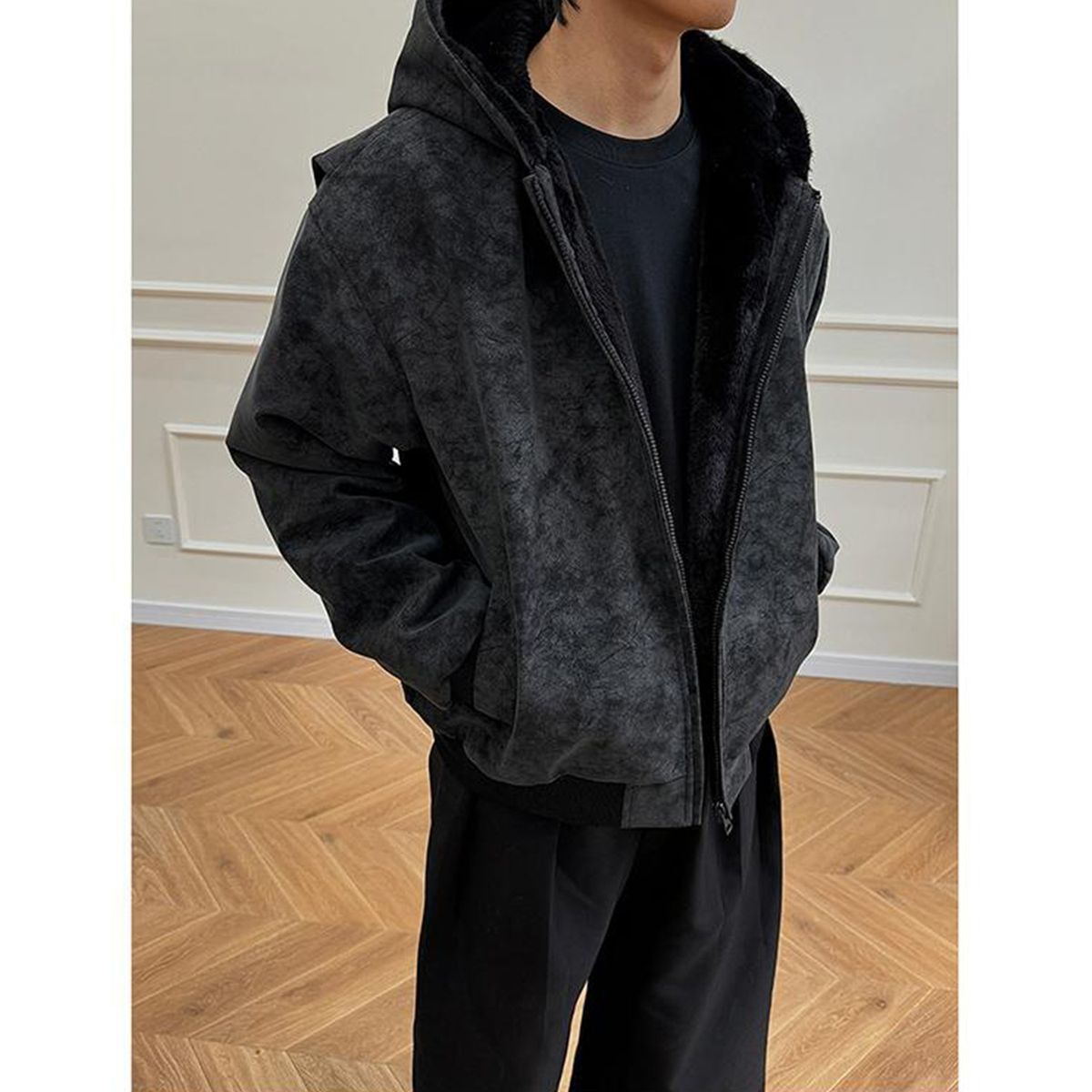 Men's Winter Faux Leather Hooded Jacket With Fur-Lined Collar, Thickened Fleece Lining, PU Coating, Fashionable Stand Collar Coat For Cold Weather_viptrois.com