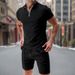 Men's Short Sleeve Shorts Casual Summer Waffle Solid Color Loose Fit Turn-down Collar T-shirt Set_viptrois.com
