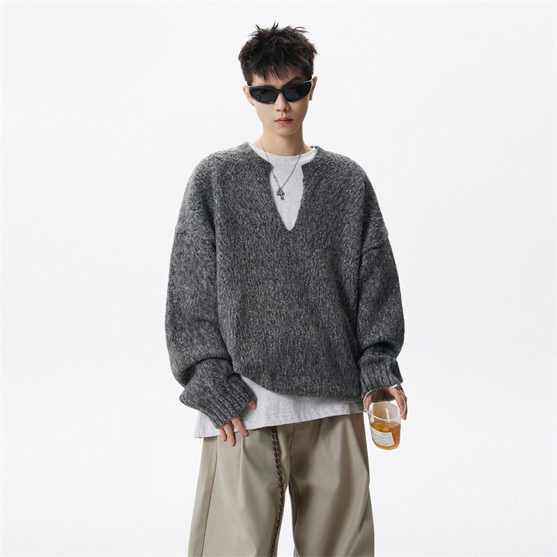 Solid Color V-neck Sweater Men's Winter Gray Loose Casual Lazy Versatile Knitted Top_viptrois.com