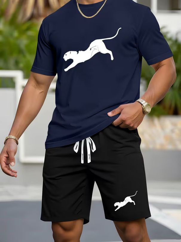 Men's Leopard Print 2-Piece Set Crew Neck Short Sleeved Shirt And Shorts Casual Fashion New_viptrois.com