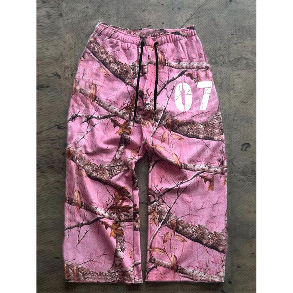 Men's Fashion Cargo Pants – Pink Botanical Print Streetwear Trousers (S-XXXL, Oversized Fit)_viptrois.com