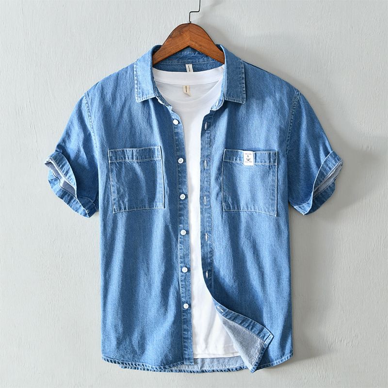 Men's Clothing White Simple Short Sleeved Shirt Casual Youth Denim Shirt Jacket_viptrois.com