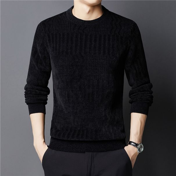 Straight Hair Men's Chenier Thickened Knitted Sweater Middle-aged Crew Neck Casual Jacquard Bottom Sweater Sweater_viptrois.com
