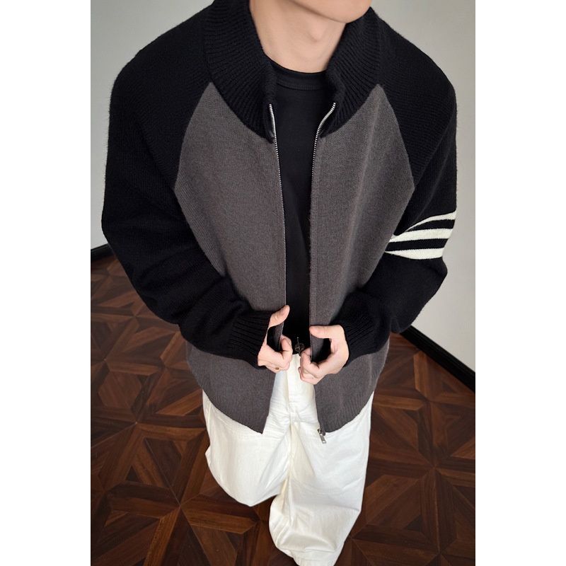 Nordmann 001 American Style Stand Collar Double Patchwork Jacket Men Autumn Trendy Brand Striped Casual Knitted Vibe High Street_viptrois.com