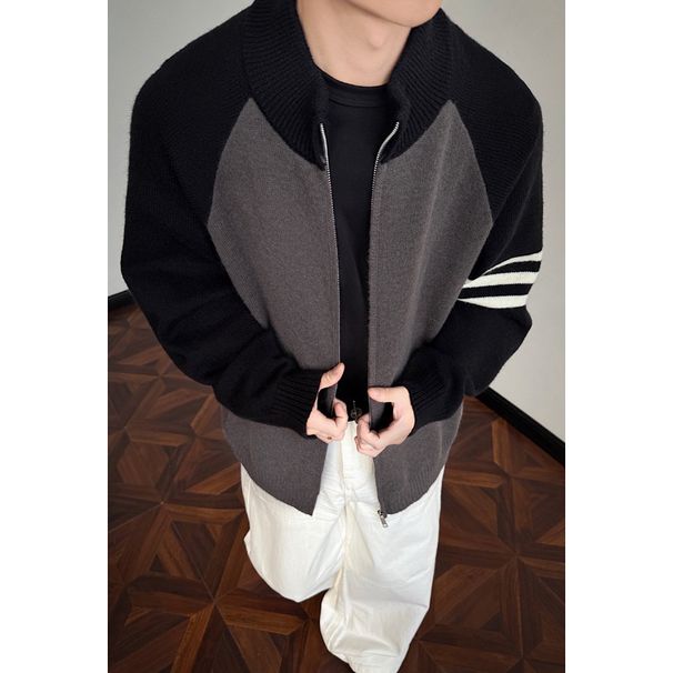 Nordmann 001 American Style Stand Collar Double Patchwork Jacket Men Autumn Trendy Brand Striped Casual Knitted Vibe High Street_viptrois.com