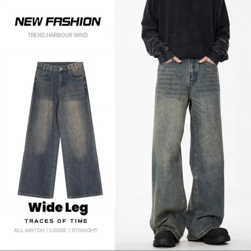Teen Boys Vintage Style Loose Fit Straight Leg Jeans High Street Washed Denim Pants Blue Light Blue Black S to XXXL_viptrois.com