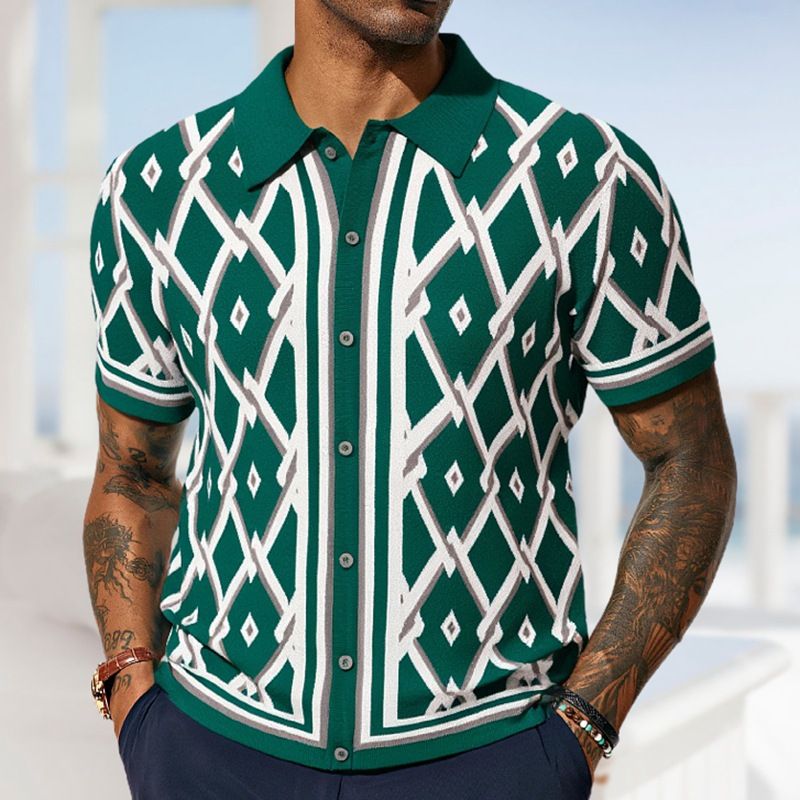 Men's Clothing Jacquard Knitted Short Sleeved Cardigan_viptrois.com