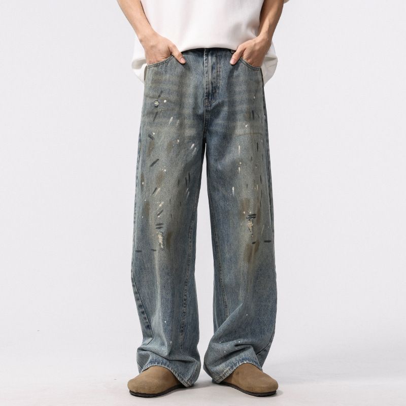 Men's Clothing High Street Retro Ink Splashed Jeans Distressed Dirty Washed Wide Leg Trousers_viptrois.com