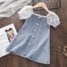 Toddler Girls Clothing Fashionable Dress Summer New Style Girl's Temperament Pearl Seersucker Sleeves Spliced Soft Denim A Line Skirt_viptrois.com