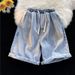 Summer Elastic Waist Drawstring Denim Shorts For Men Straight Leg Loose Fit High End Casual Five Point Pants_viptrois.com