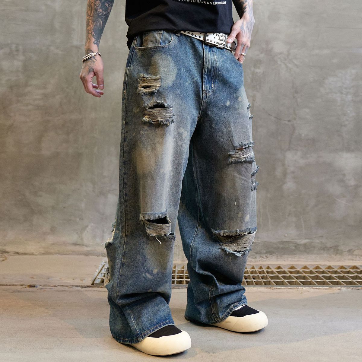Men's Clothing American European And American Trendy Brand Dirty Washed Wide Leg Pants Ripped Jeans Men's Handsome High Street Loose Straight Trousers_viptrois.com