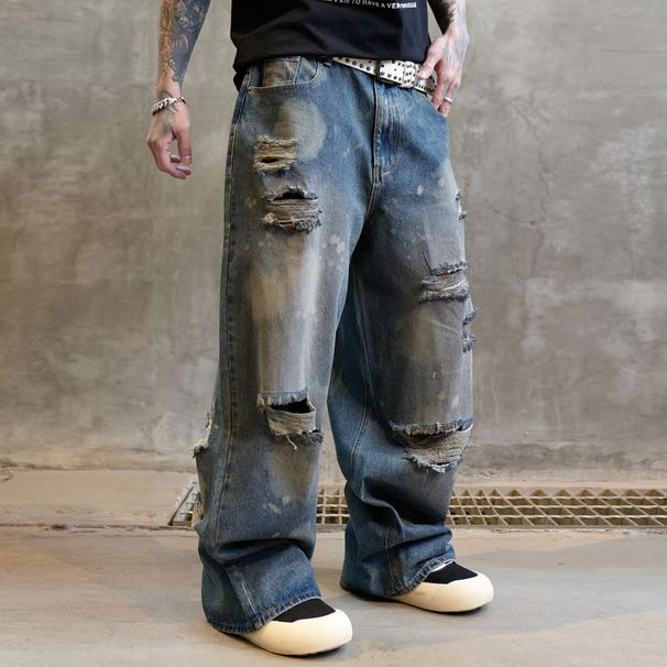 Men's Clothing American European And American Trendy Brand Dirty Washed Wide Leg Pants Ripped Jeans Men's Handsome High Street Loose Straight Trousers_viptrois.com