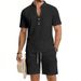 Men's Linen Blend Short Sleeve Henley And Shorts Set - Breathable Workwear Style Summer Outfit, Relaxed Fit Casual Two-Piece_viptrois.com