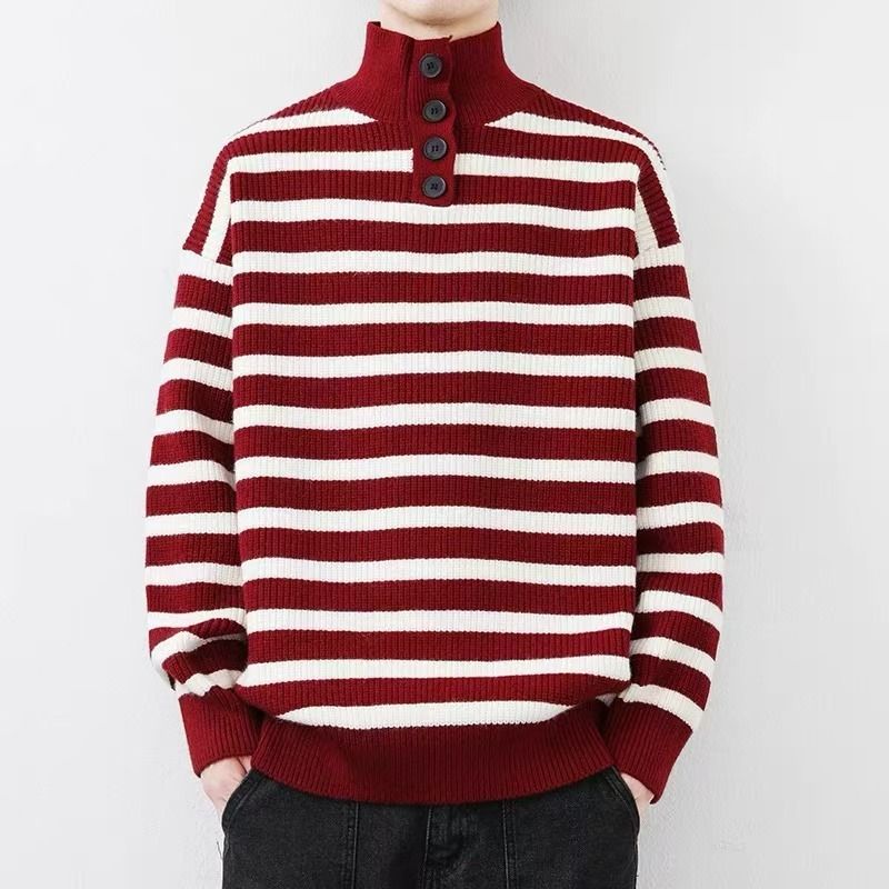 Striped loose sweater for young men in autumn and winter, loose and high-quality knitted half high neck base sweater_viptrois.com