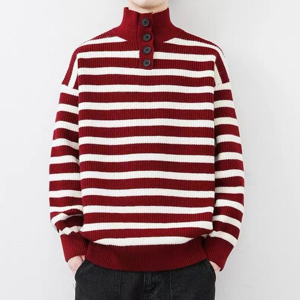 Striped loose sweater for young men in autumn and winter, loose and high-quality knitted half high neck base sweater_viptrois.com