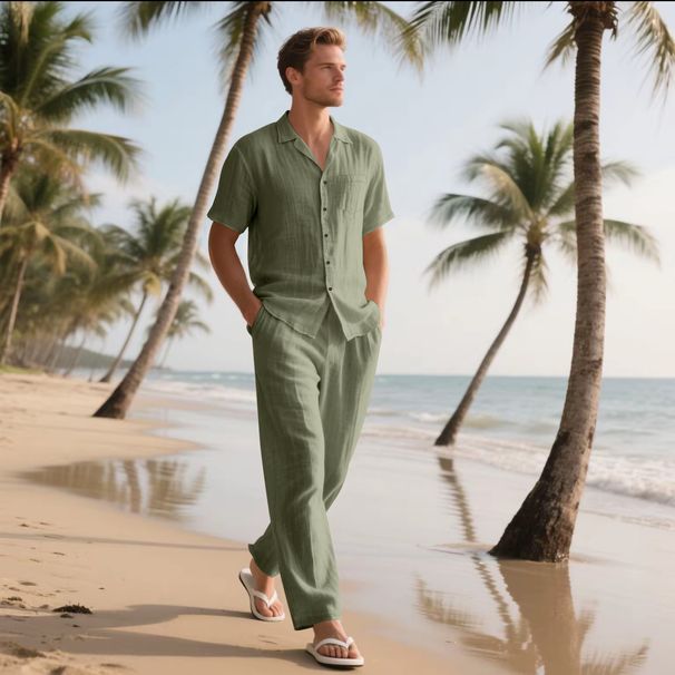 Men's Solid Color Short Sleeved Shirt And Trousers Two Piece Set Casual Button Down Cardigan Beach Clothing_viptrois.com