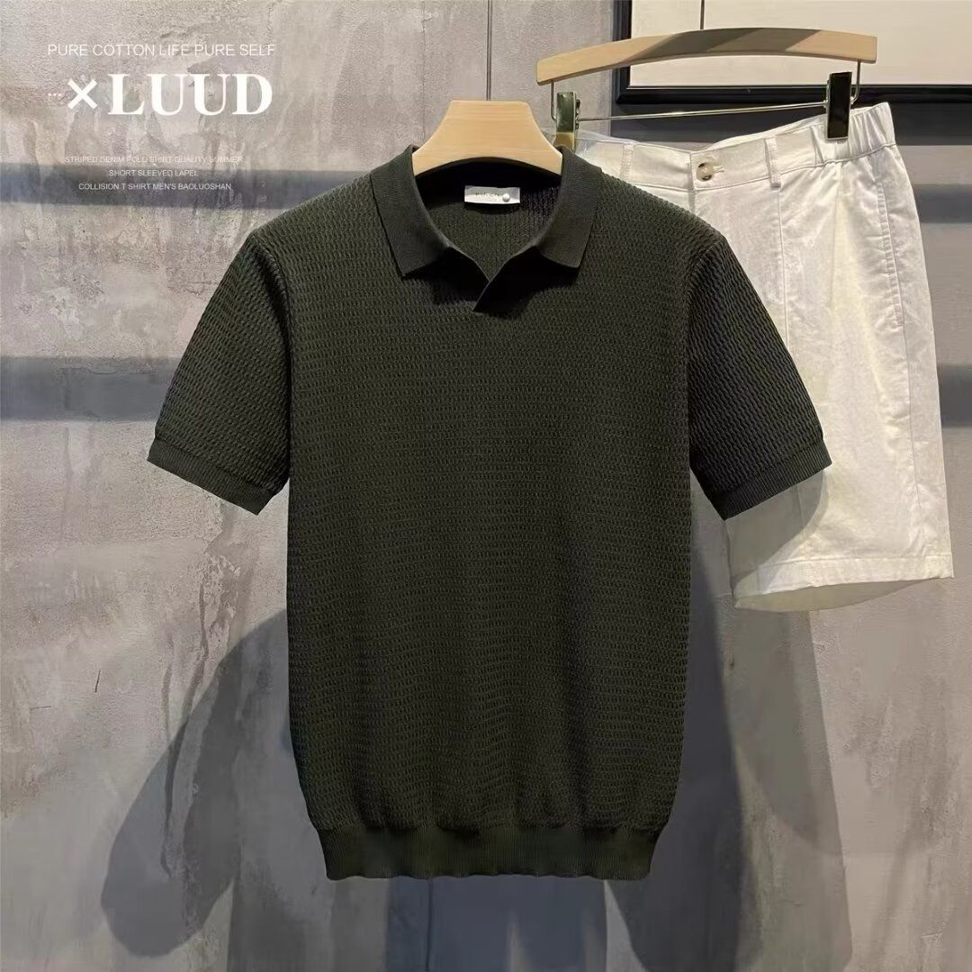 Men's Textured Polo Shirt V Neck Short Sleeve T-Shirt Seagull Collar Ice Silk Knitwear Old Money Style Summer Top_viptrois.com