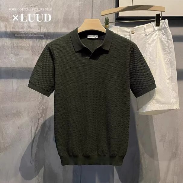Men's Textured Polo Shirt V Neck Short Sleeve T-Shirt Seagull Collar Ice Silk Knitwear Old Money Style Summer Top_viptrois.com