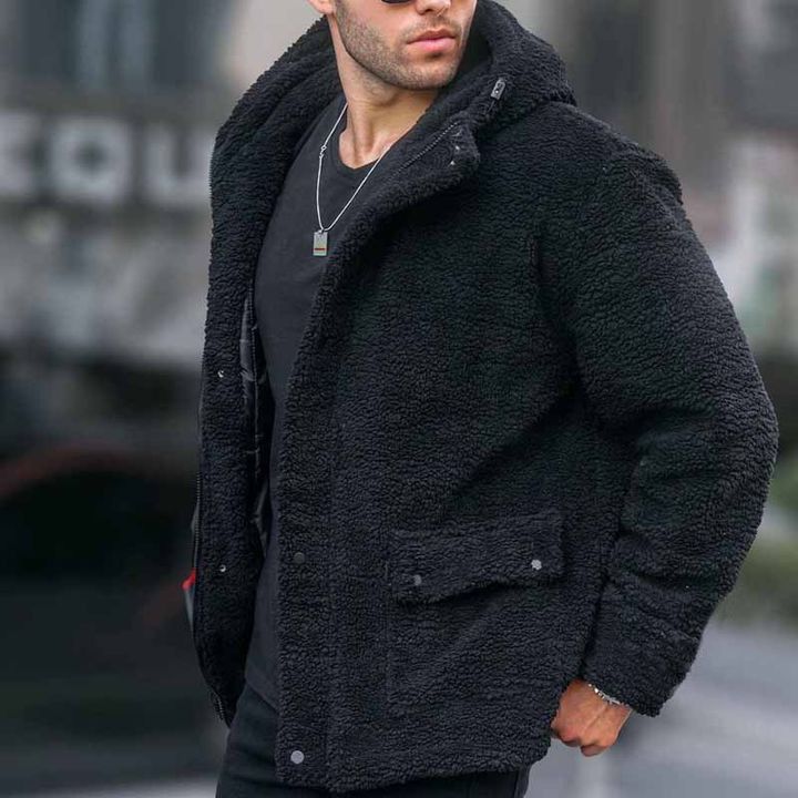Men's Fleece Hooded Jacket – Streetwear Essential, Windproof Polyester Blend With Zip Pockets (S-XXXL, Beige/Khaki/Black)_viptrois.com