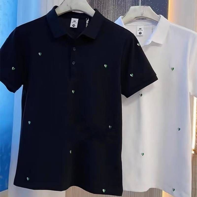Men's Clothing Summer New Men's Slim Short Sleeved Trendy Brand Two Color Small Heart Print Temperament Versatile Short Sleeved Polo Shirt_viptrois.com