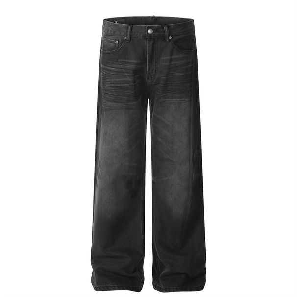 Vintage Washed Gradient Jeans Men's Long Vibe American High Street Style Loose Wide-Leg Straight Pants With Design Sense_viptrois.com