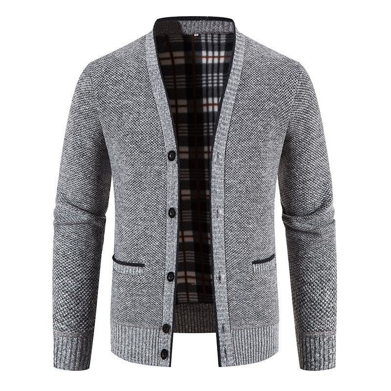 Korean Style Men's V-Neck Cardigan – Thick Knit Sweater Jacket For Autumn & Winter (Light Gray/Dark Gray/Burgundy/Brown/Blue-Gray, M-4XL)_viptrois.com