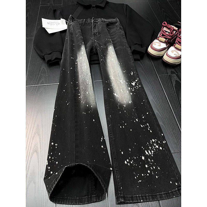 Men's Black Washed Denim Jeans Clean Fit Straight Leg Paint Splatter Print Vintage High Street Vibe Versatile Styling Base_viptrois.com