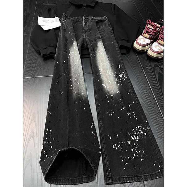 Men's Black Washed Denim Jeans Clean Fit Straight Leg Paint Splatter Print Vintage High Street Vibe Versatile Styling Base_viptrois.com