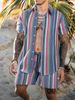 Men's Clothing Summer Men's Shirt Set Hawaiian Stripe 3D Printing Outdoor Short Sleeve Shorts 2 Piece Set Cross Border_viptrois.com