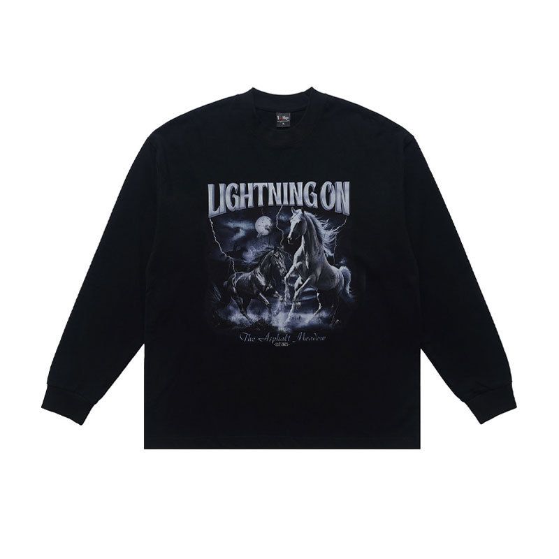 American Street Style Round Neck Long Sleeve Horse Year Print T-Shirt Men And Women Couples Casual Top_viptrois.com