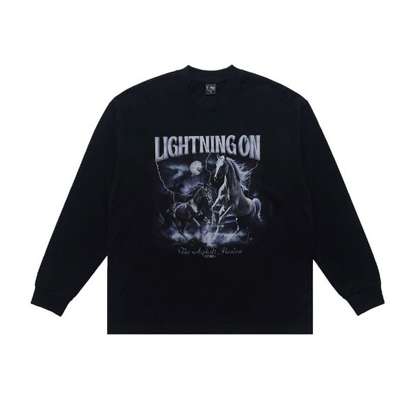 American Street Style Round Neck Long Sleeve Horse Year Print T-Shirt Men And Women Couples Casual Top_viptrois.com