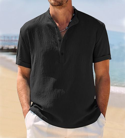 New Retro Loose Texture Woven Polo Shirt Men 2025 Summer Retro Lapel T Shirt Breathable Short Sleeve_viptrois.com