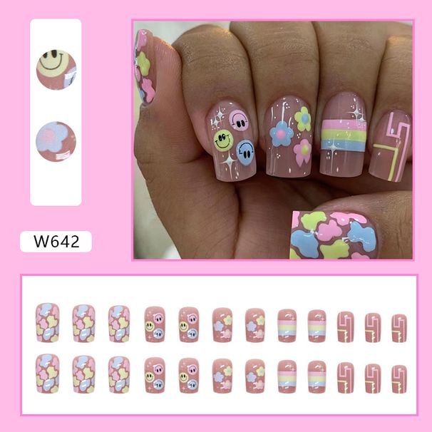 Colorful Summer Cute Children's Heart Manicure Flower Smiley Face Mid-length Square Nail Detachable Wear Nail_viptrois.com