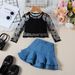 European And American Fashion Girls Star Mesh Long Sleeve Top + Camisole + Denim Pleated Skirt Three Piece Set_viptrois.com