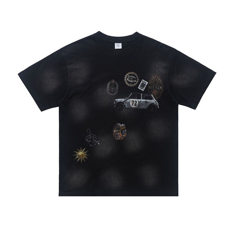 Washed Vintage 300g Spray Painted Motorcycle Letter Print Short Sleeve T-Shirt For Men And Women Street Style_viptrois.com