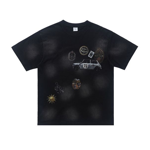 Washed Vintage 300g Spray Painted Motorcycle Letter Print Short Sleeve T-Shirt For Men And Women Street Style_viptrois.com