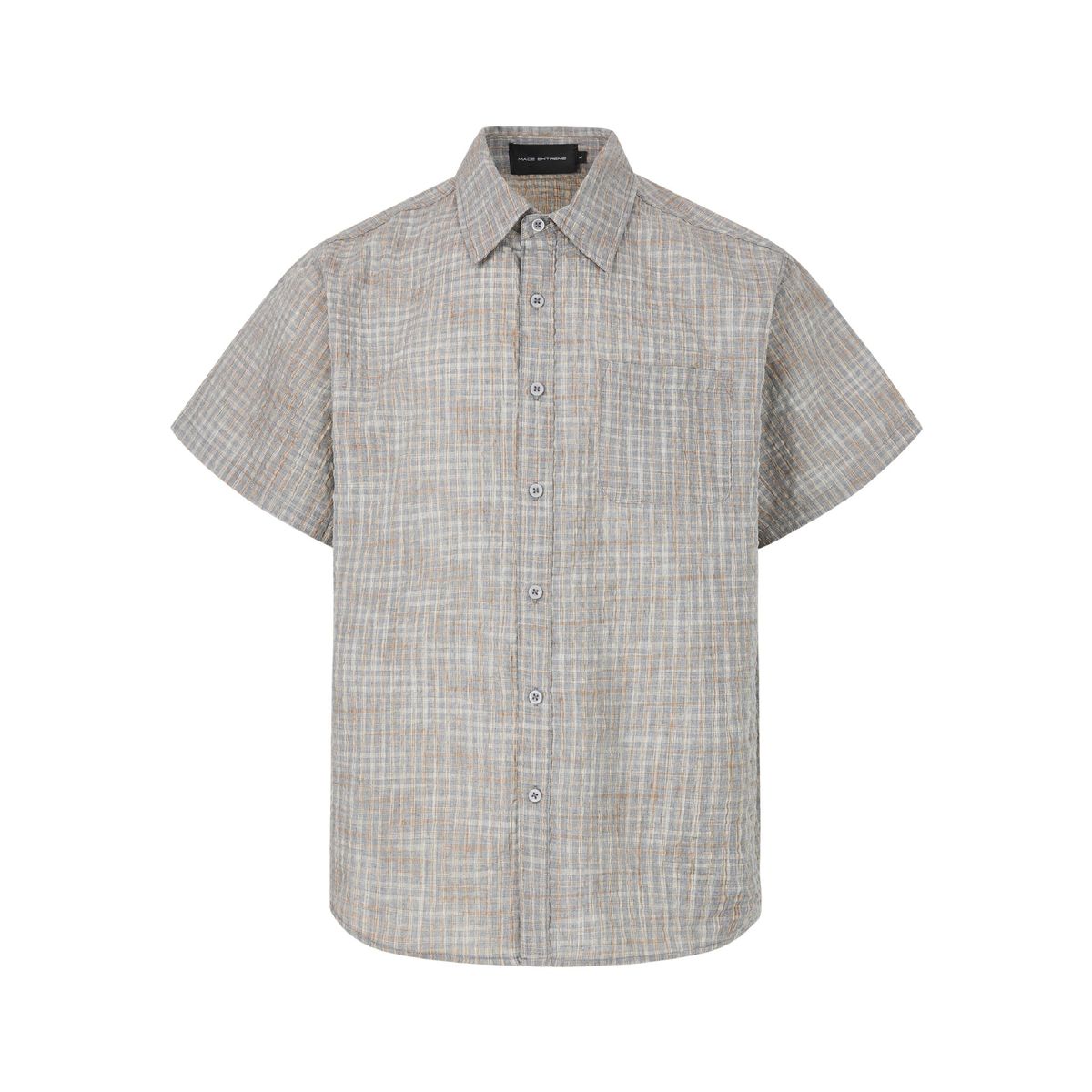 Men's Clothing Fixed Color Woven Plaid Seersucker Cross Yoke Loose Silhouette Short Sleeved Shirt_viptrois.com